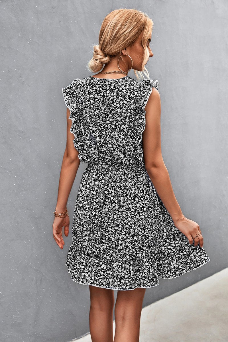 Ditsy Floral Ruffled V-Neck Dress 10010033421 - TapLike