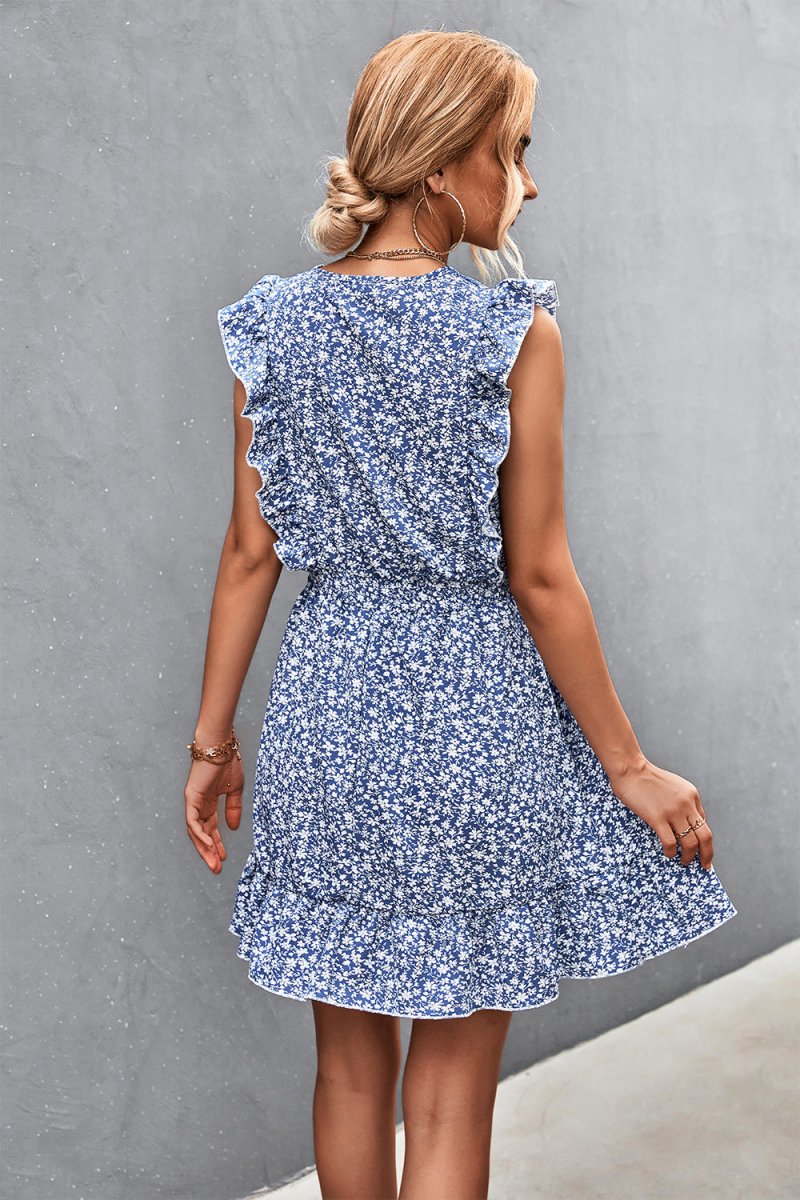 Ditsy Floral Ruffled V-Neck Dress 10010033421 - TapLike