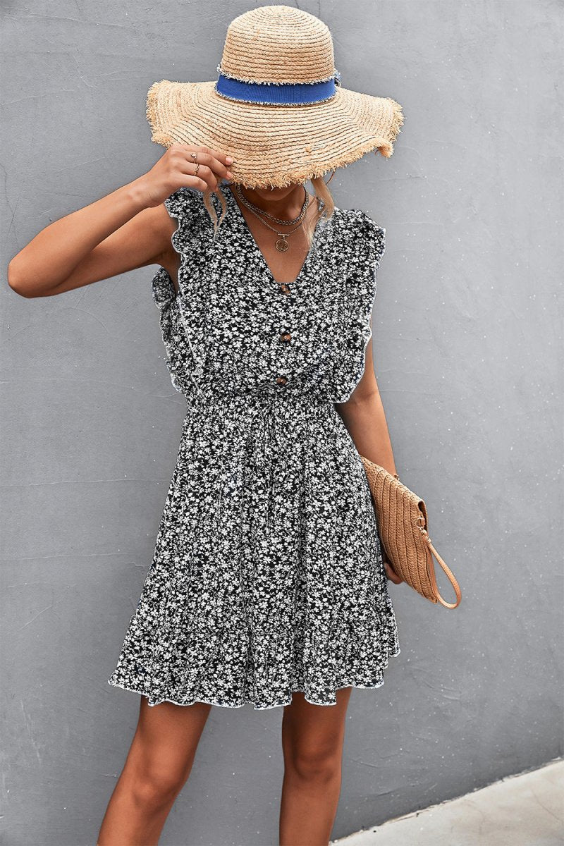 Ditsy Floral Ruffled V-Neck Dress 10010033421 - TapLike