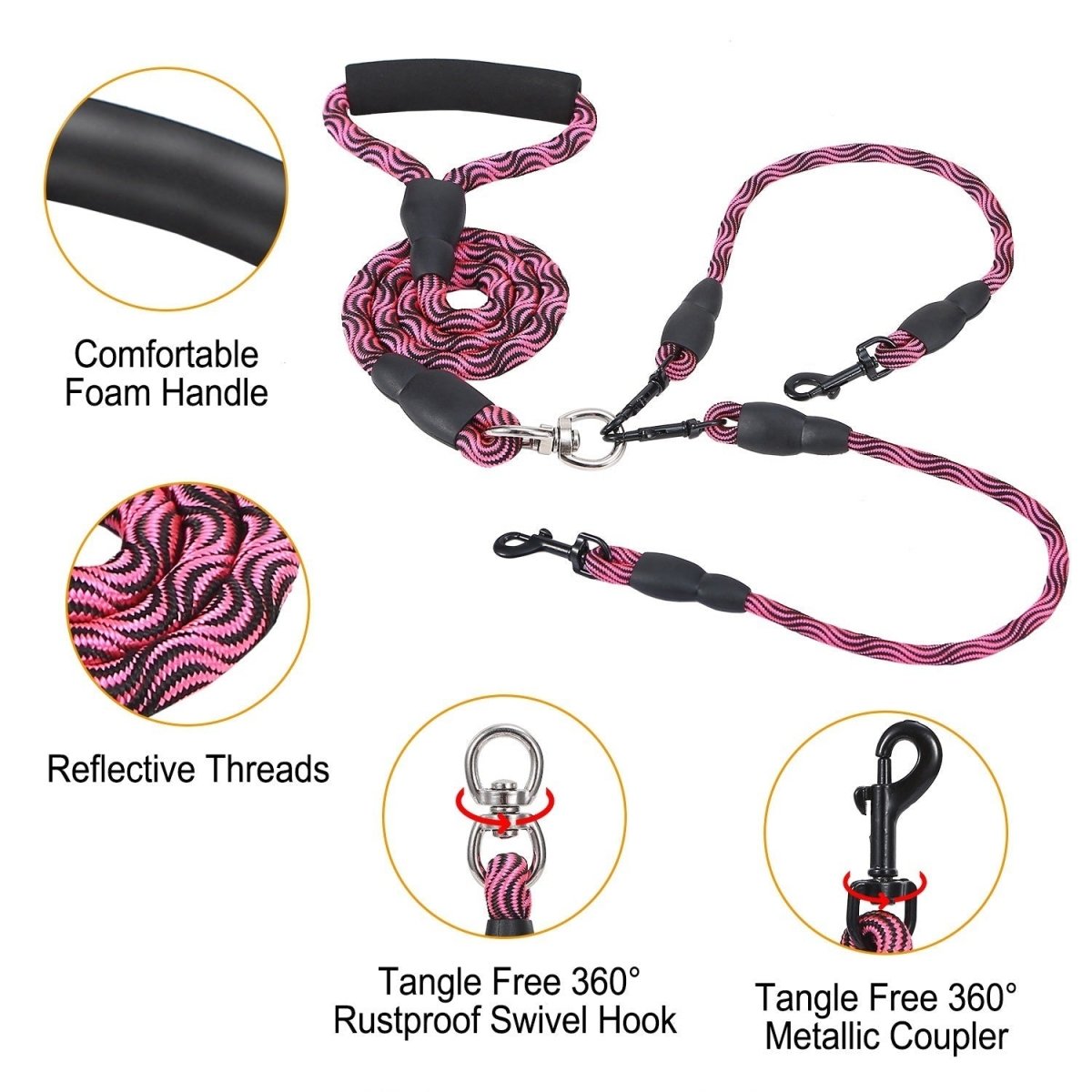 Double Dogs Leash No-Tangle Dogs Lead Reflective Dogs Walking Leash - Taplike