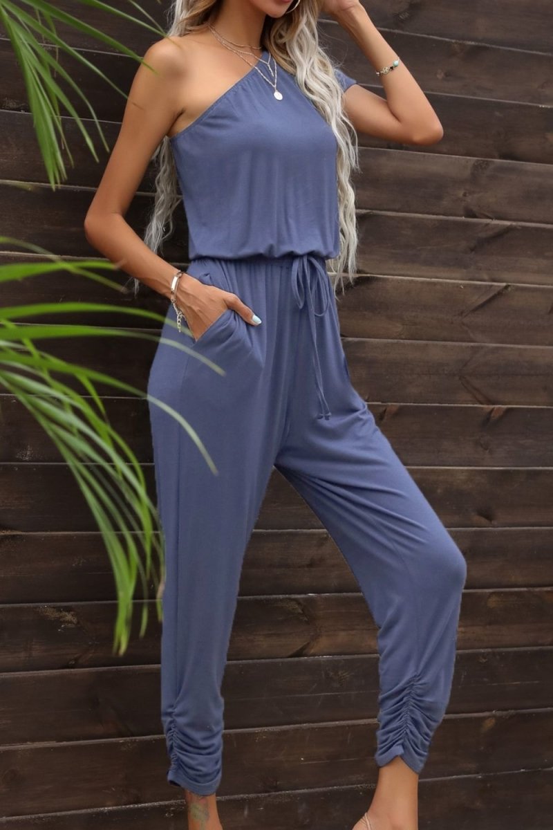 Drawstring Waist One-Shoulder Jumpsuit with Pockets X - Taplike