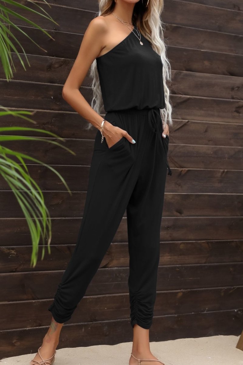 Drawstring Waist One-Shoulder Jumpsuit with Pockets X - Taplike