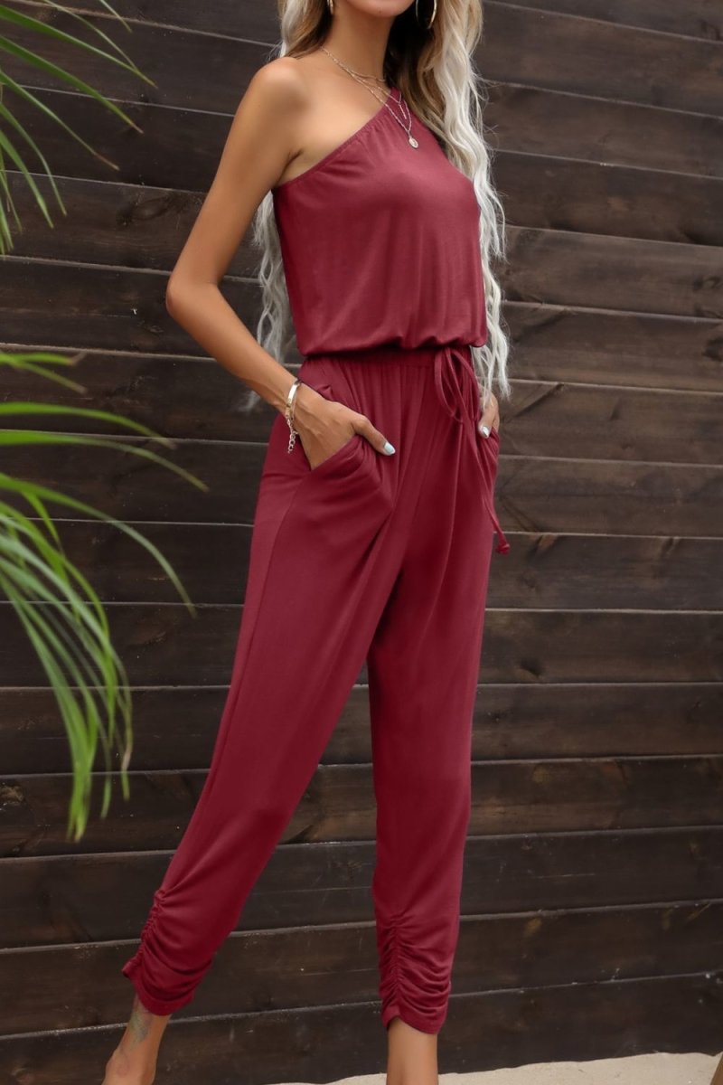 Drawstring Waist One-Shoulder Jumpsuit with Pockets X - Taplike