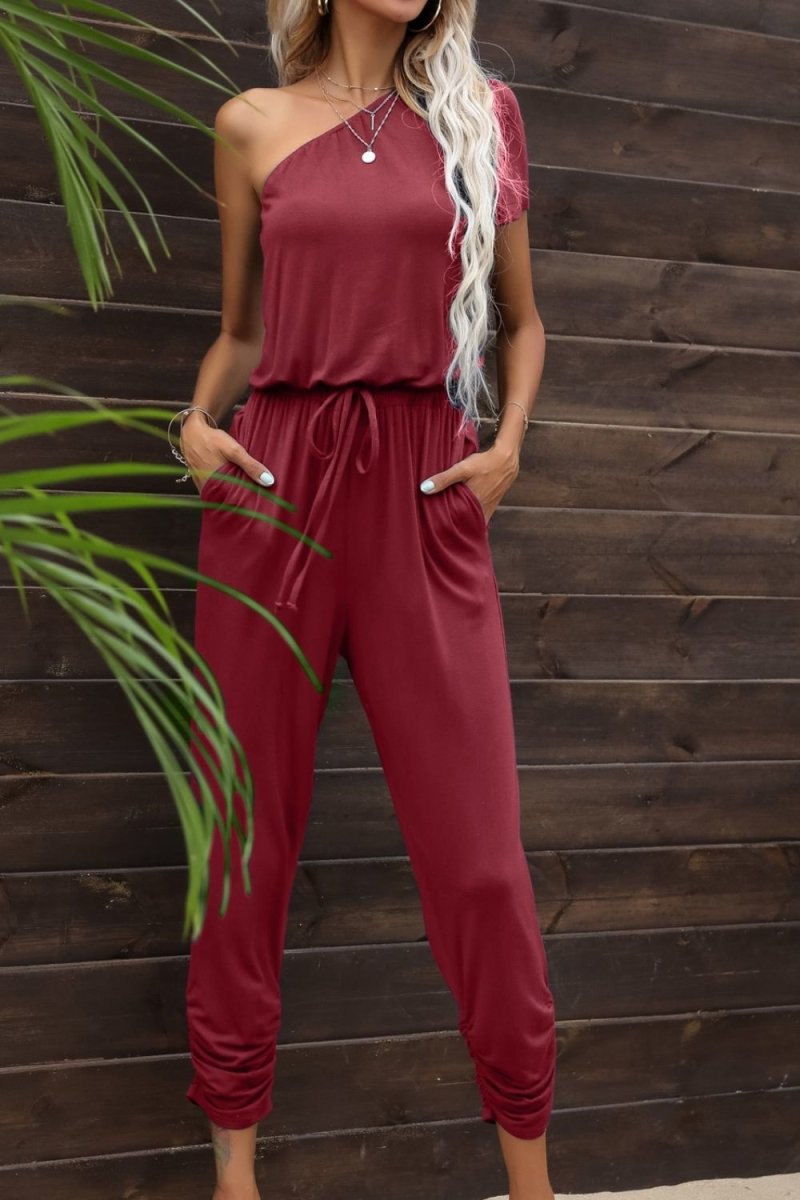 Drawstring Waist One-Shoulder Jumpsuit with Pockets X - Taplike