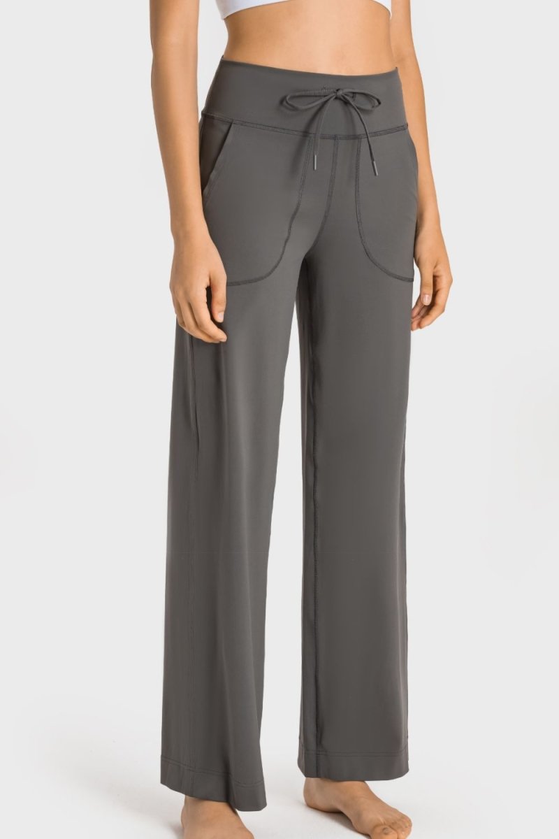 Drawstring Waist Wide Leg Sports Pants with Pockets - TapLike