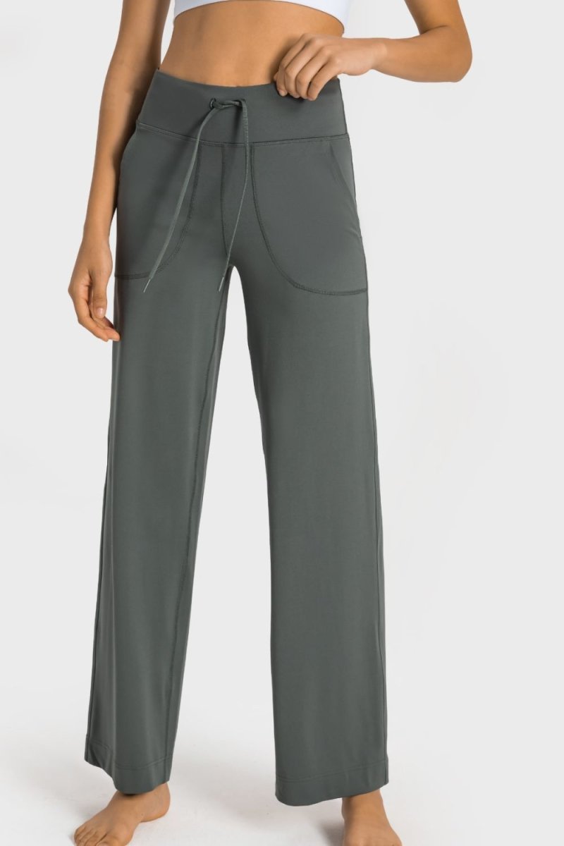 Drawstring Waist Wide Leg Sports Pants with Pockets - TapLike