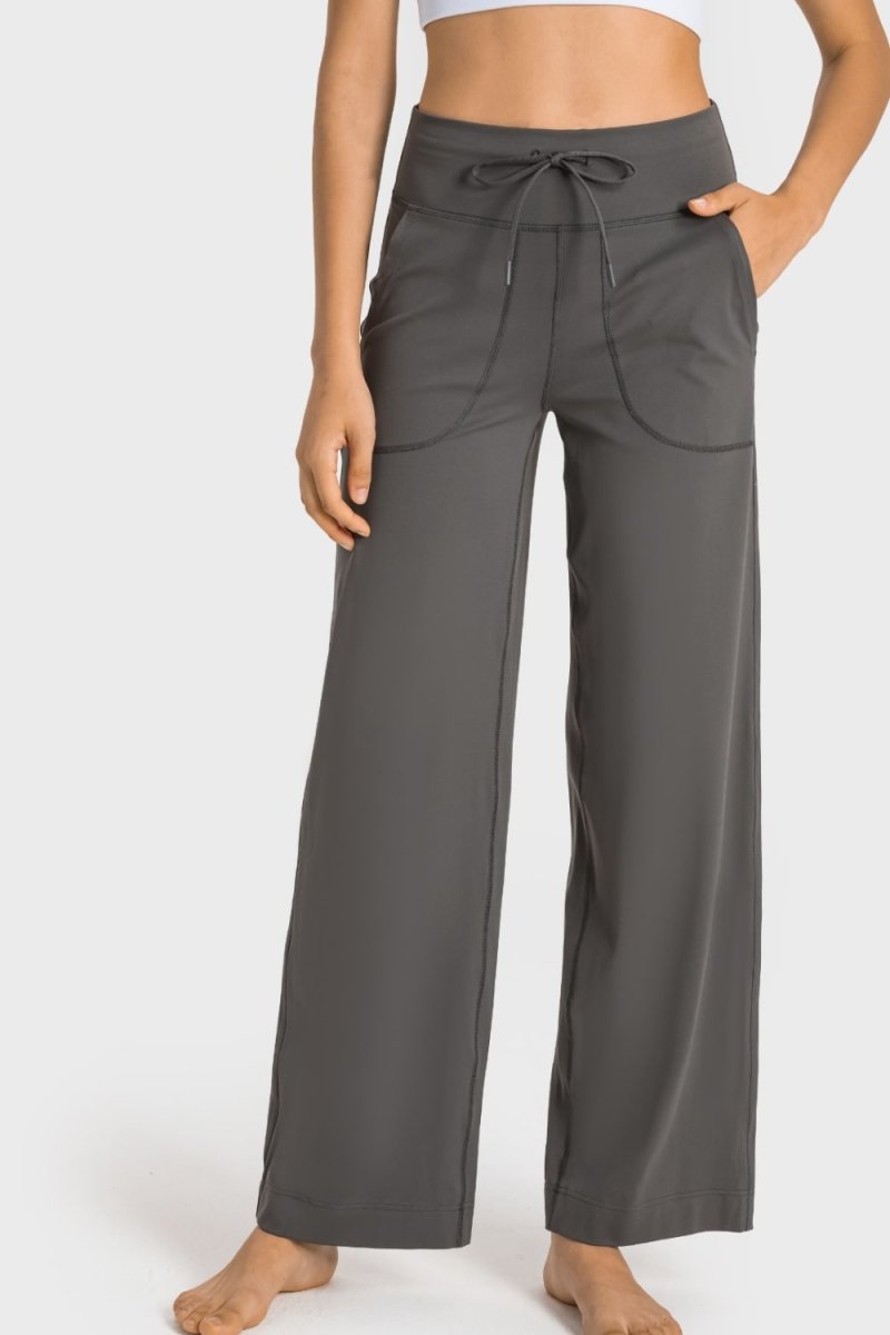 Drawstring Waist Wide Leg Sports Pants with Pockets - TapLike
