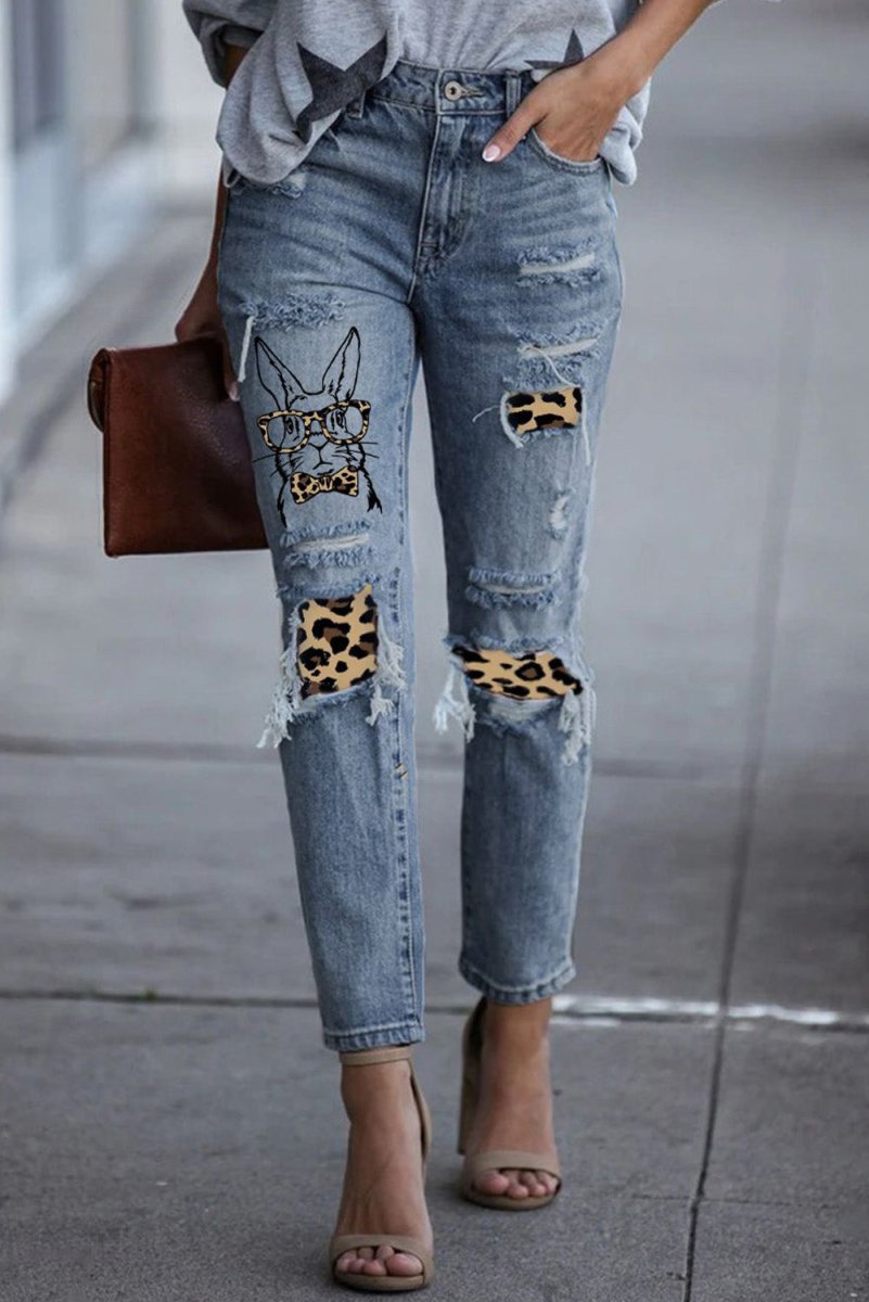 Easter Leopard Patch Bunny Graphic Jeans - TapLike