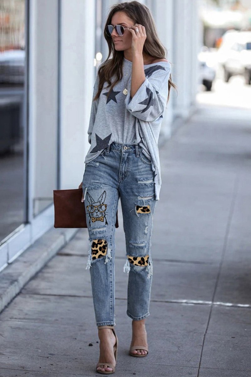 Easter Leopard Patch Bunny Graphic Jeans - TapLike