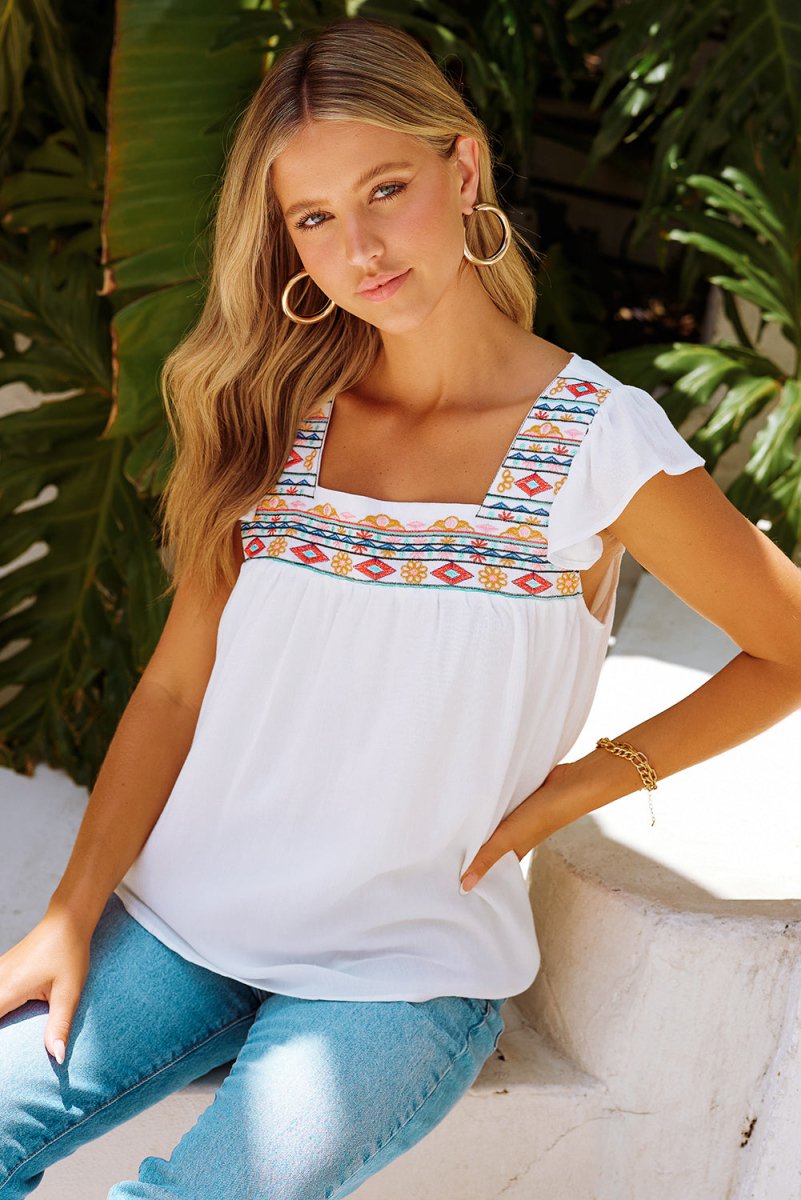 Embroidered Square Neck Flutter Sleeve Blouse - Taplike