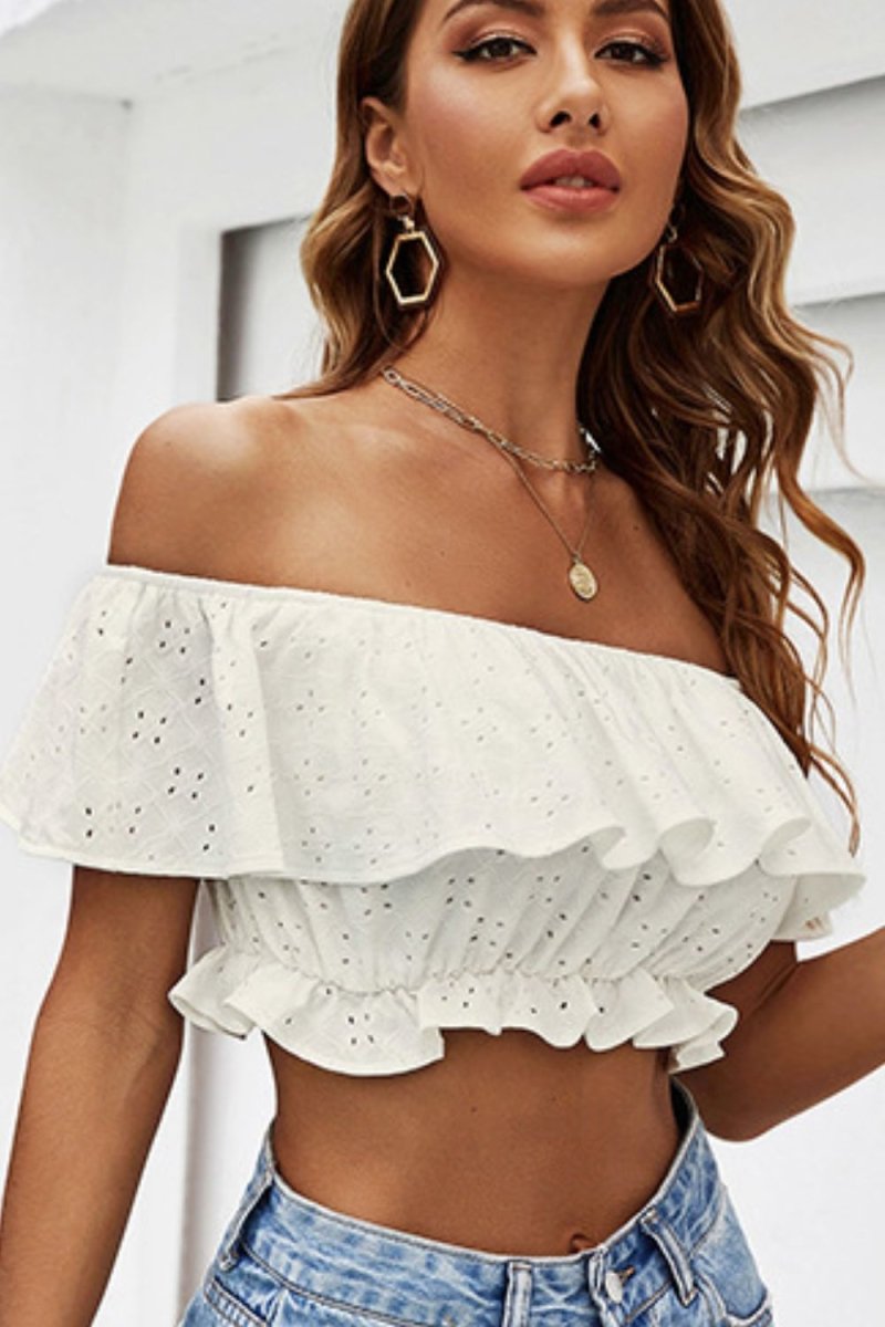 Eyelet Layered Off-Shoulder Cropped Blouse | 10010054658 - TapLike