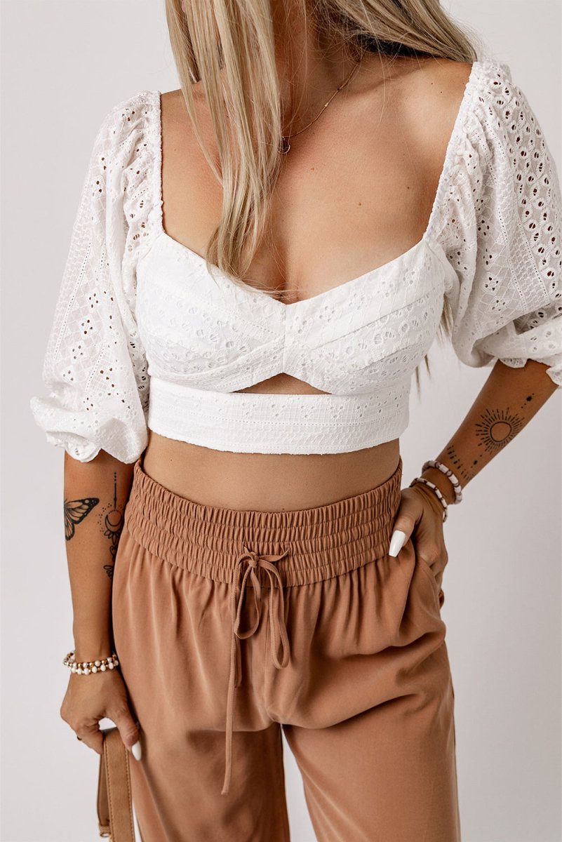 Eyelet Sweetheart Neck Cutout Crop Top - TapLike