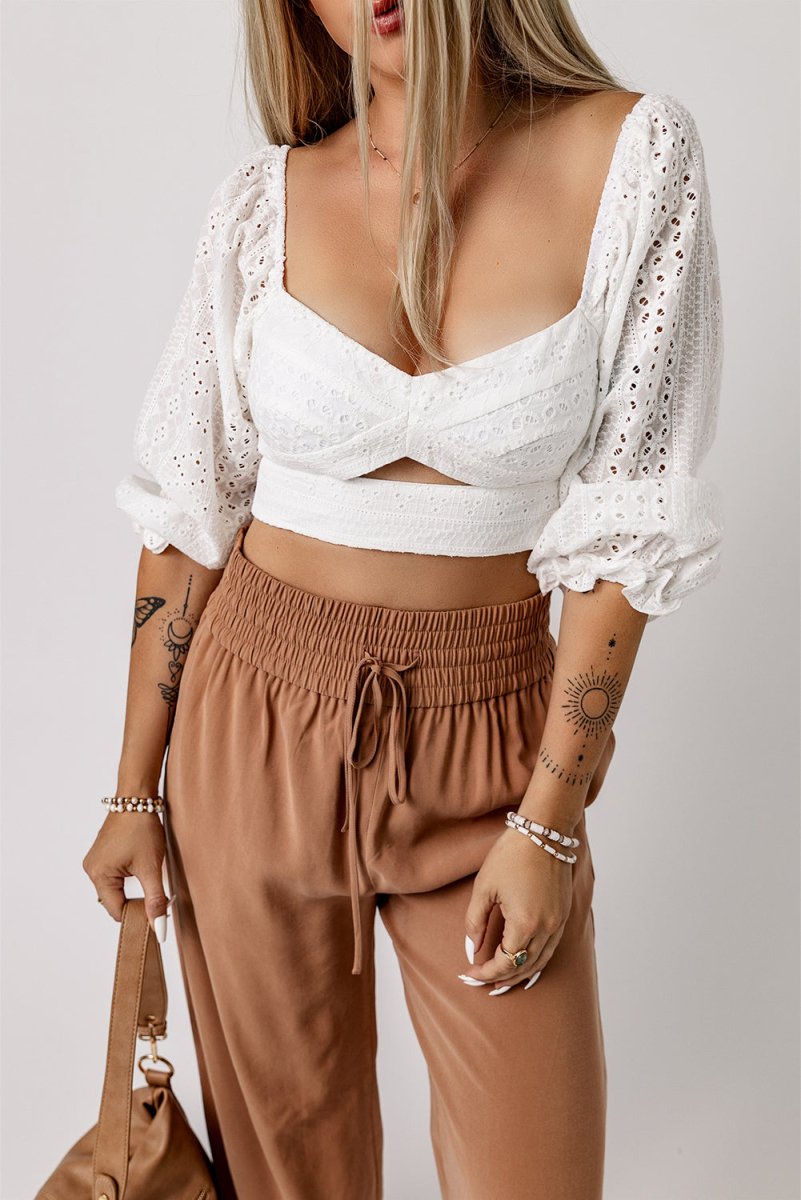 Eyelet Sweetheart Neck Cutout Crop Top - TapLike