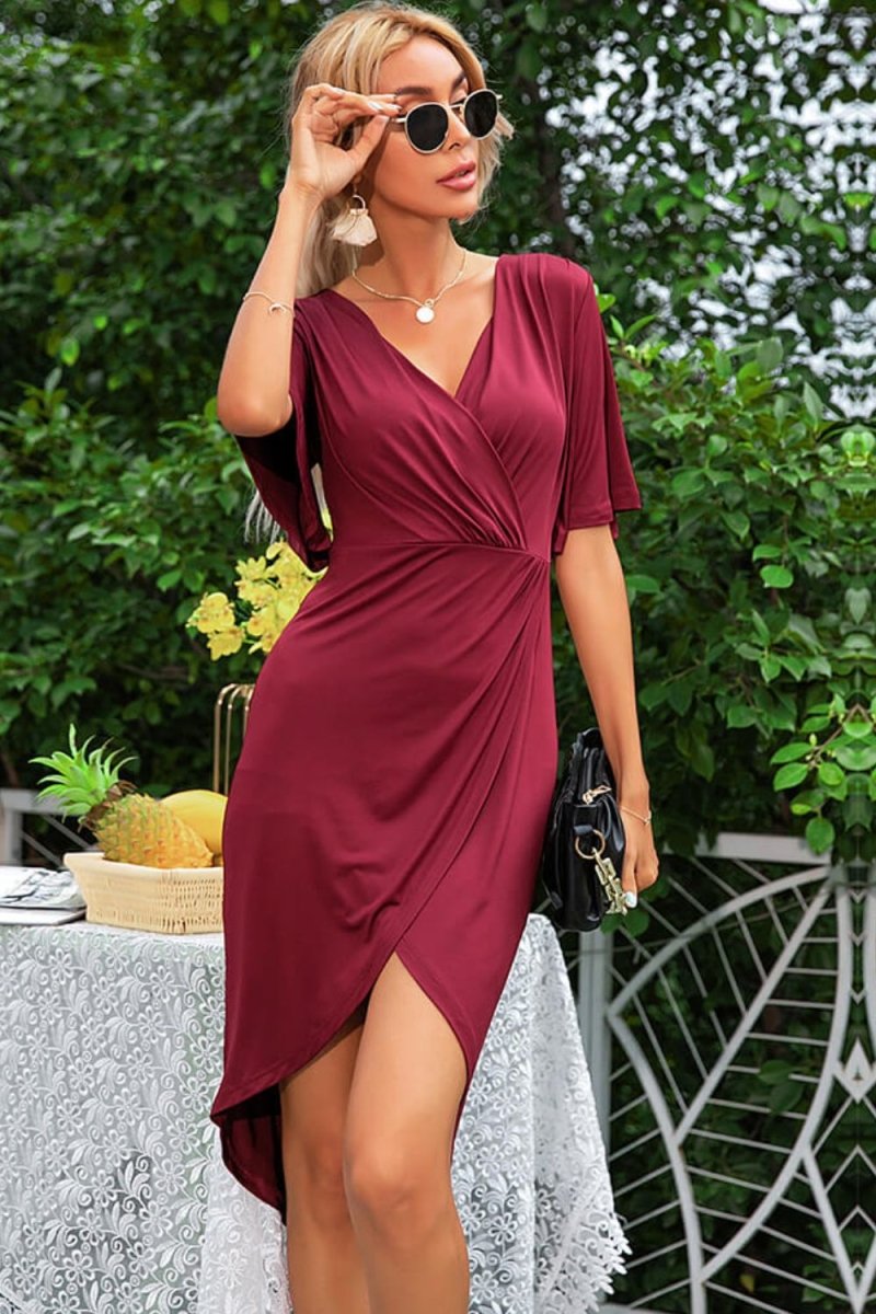 Flare Sleeve Surplice Tulip Hem Dress - TapLike