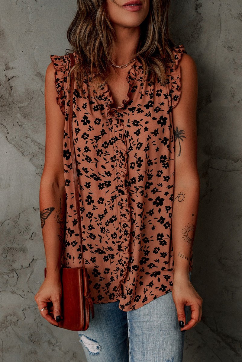 Floral Frill Trim Ruffle Shoulder Sleeveless Top - TapLike