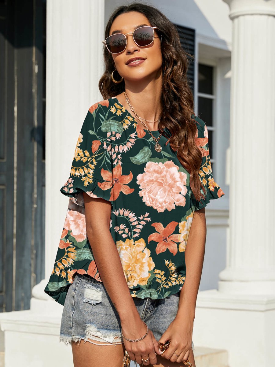 Floral Ruffled Flounce Sleeve Blouse - Taplike