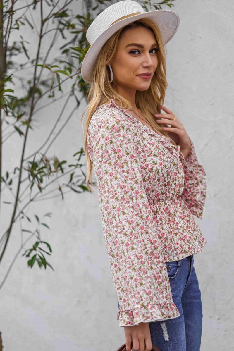Floral Ruffled V-Neck Peplum Blouse - TapLike