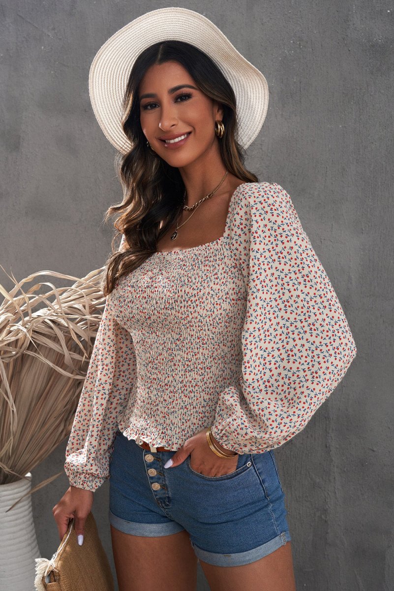Floral Smocked Balloon Sleeve Top | 10010098743 - TapLike