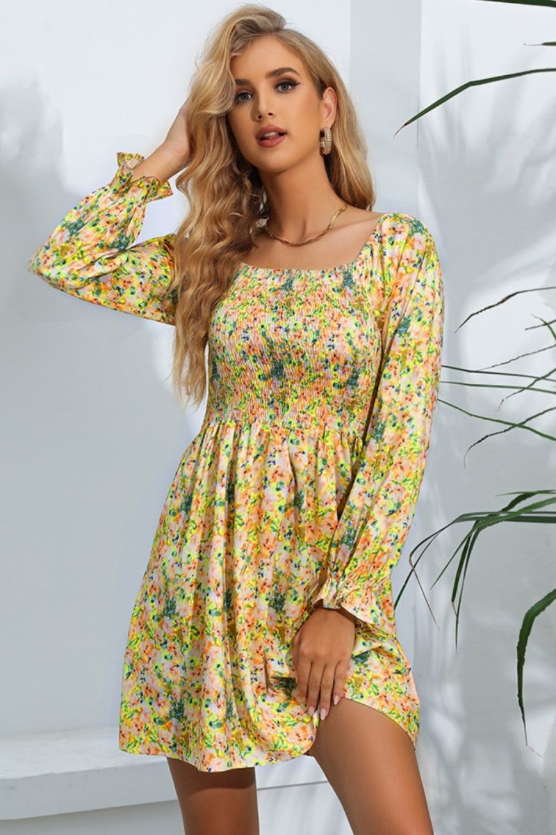 Floral Smocked Square Neck Dress X - Taplike