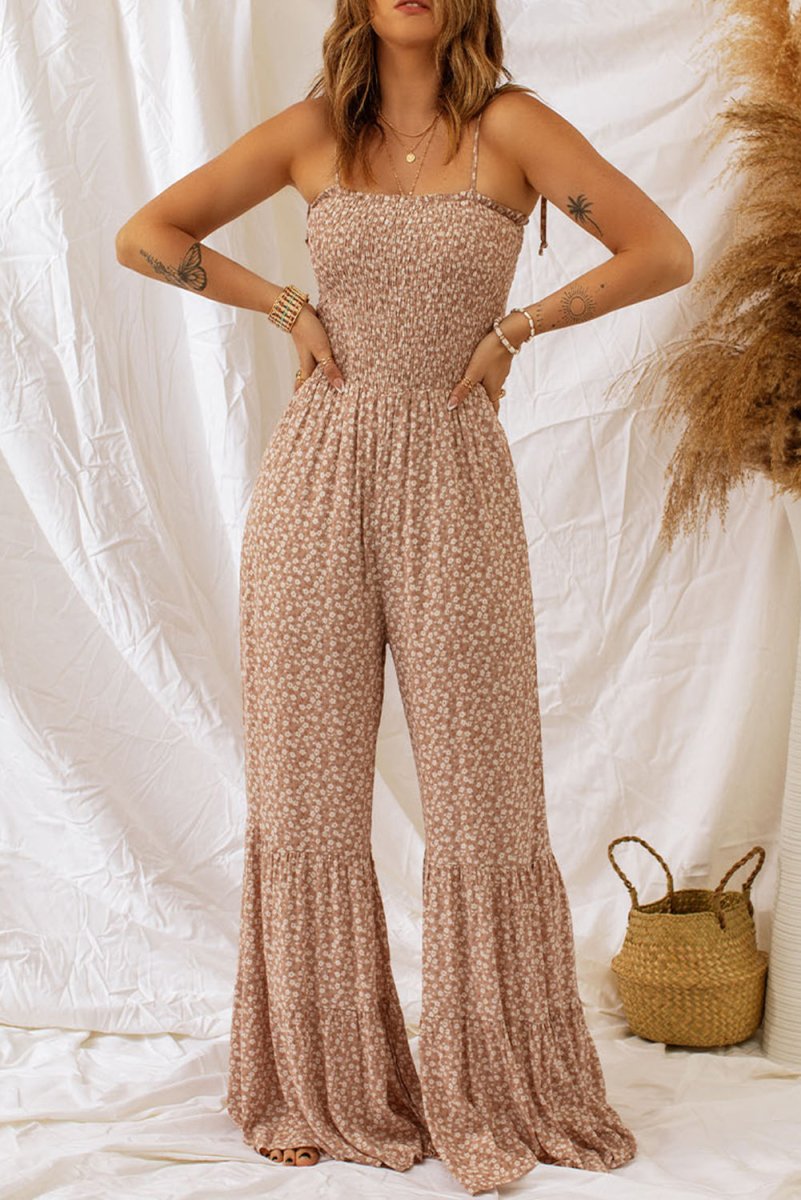 Floral Spaghetti Strap Smocked Wide Leg Jumpsuit - Taplike