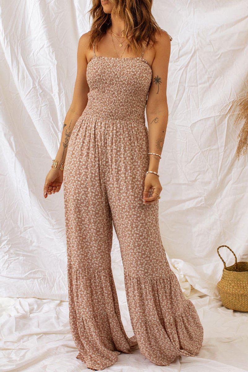 Floral Spaghetti Strap Smocked Wide Leg Jumpsuit - Taplike