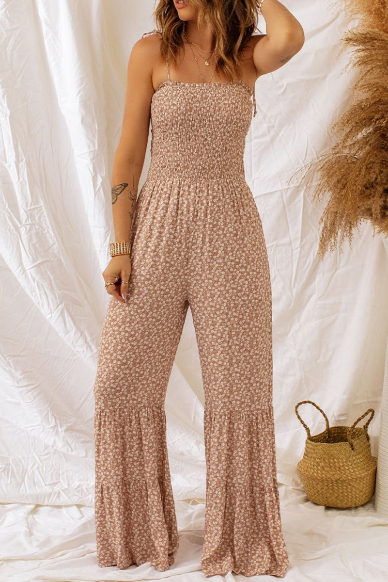 Floral Spaghetti Strap Smocked Wide Leg Jumpsuit - Taplike
