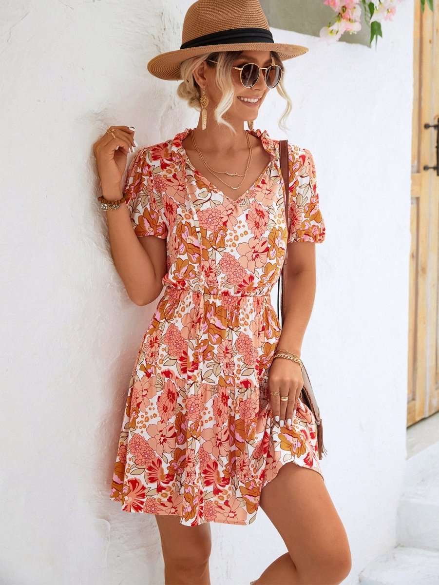 Floral Tie Neck Puff Sleeve Tiered Dress - TapLike