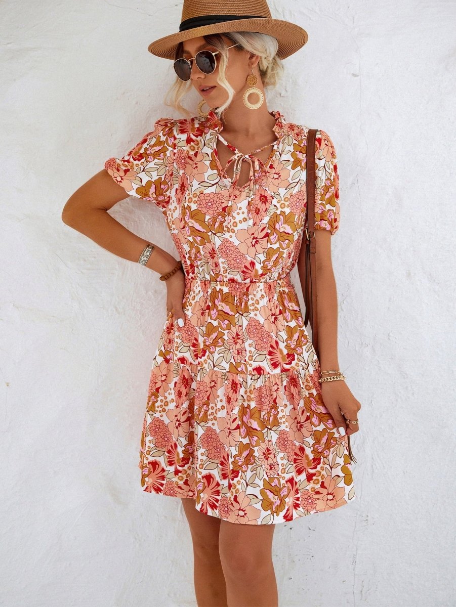 Floral Tie Neck Puff Sleeve Tiered Dress - TapLike