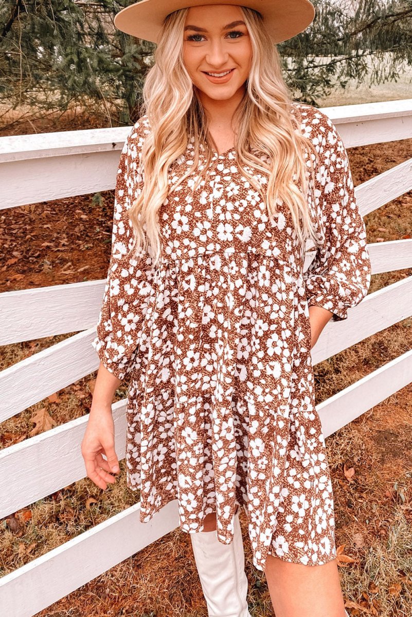 Floral V-Neck Mini Dress with Pockets - TapLike