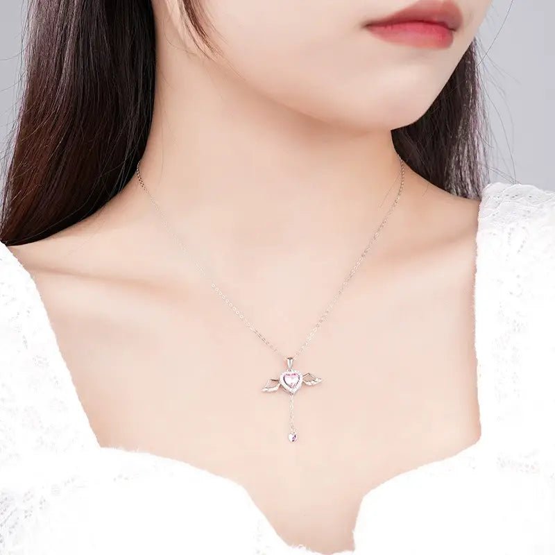 Flying Wings Necklace Angel Wings Tassel Necklace Cupid's Heart S925 Silver Necklace A2832 - TapLike