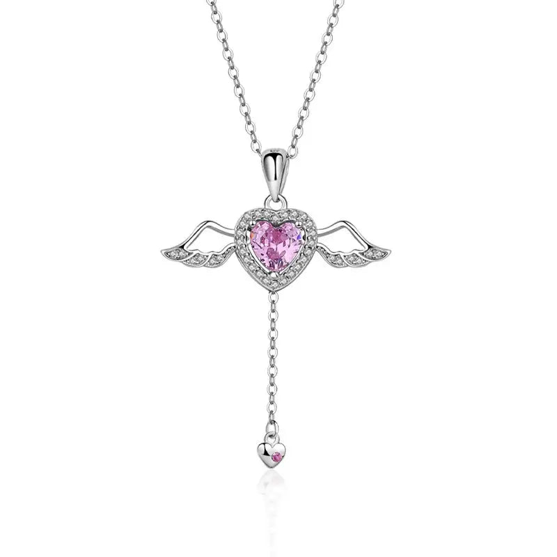 Flying Wings Necklace Angel Wings Tassel Necklace Cupid's Heart S925 Silver Necklace A2832 - TapLike