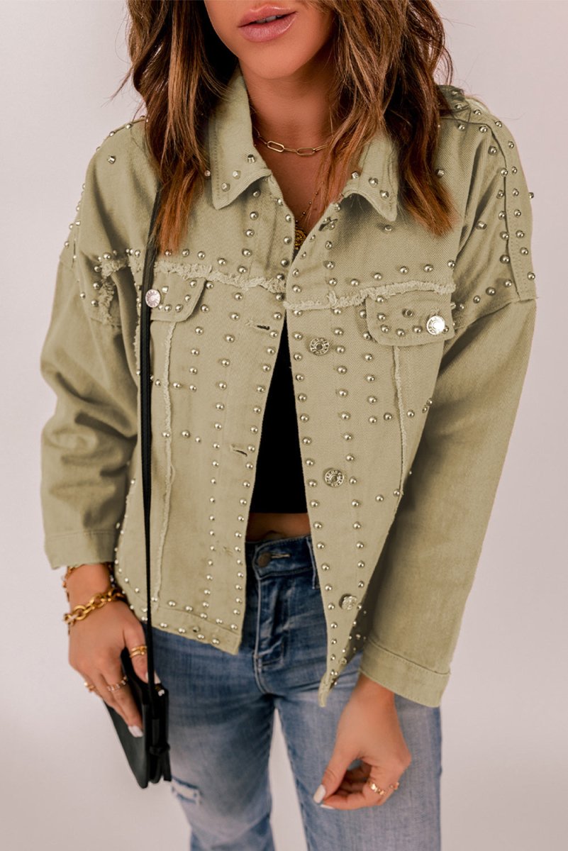 Frayed Trim Rivet Denim Jacket X - Taplike