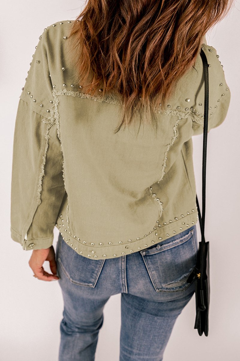 Frayed Trim Rivet Denim Jacket X - Taplike