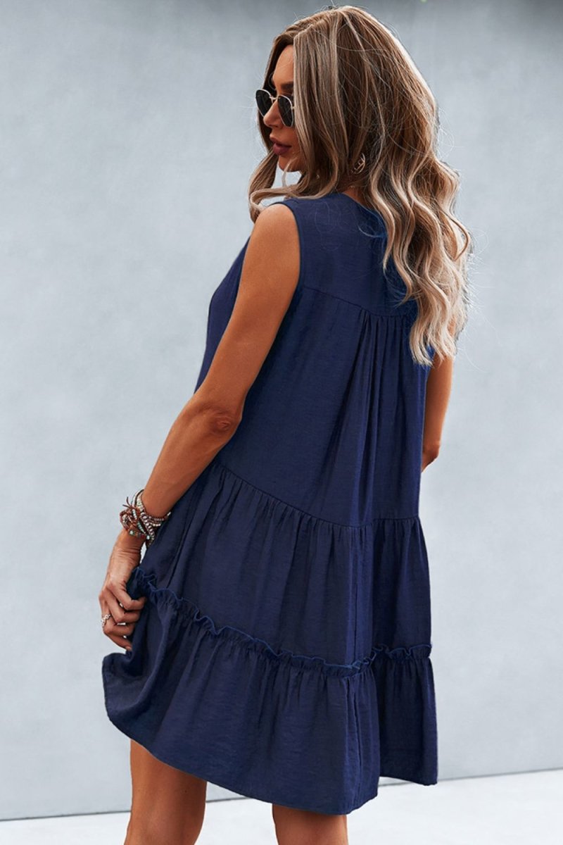 Frill Trim Notched Sleeveless Tiered Dress | 10010086784 - TapLike