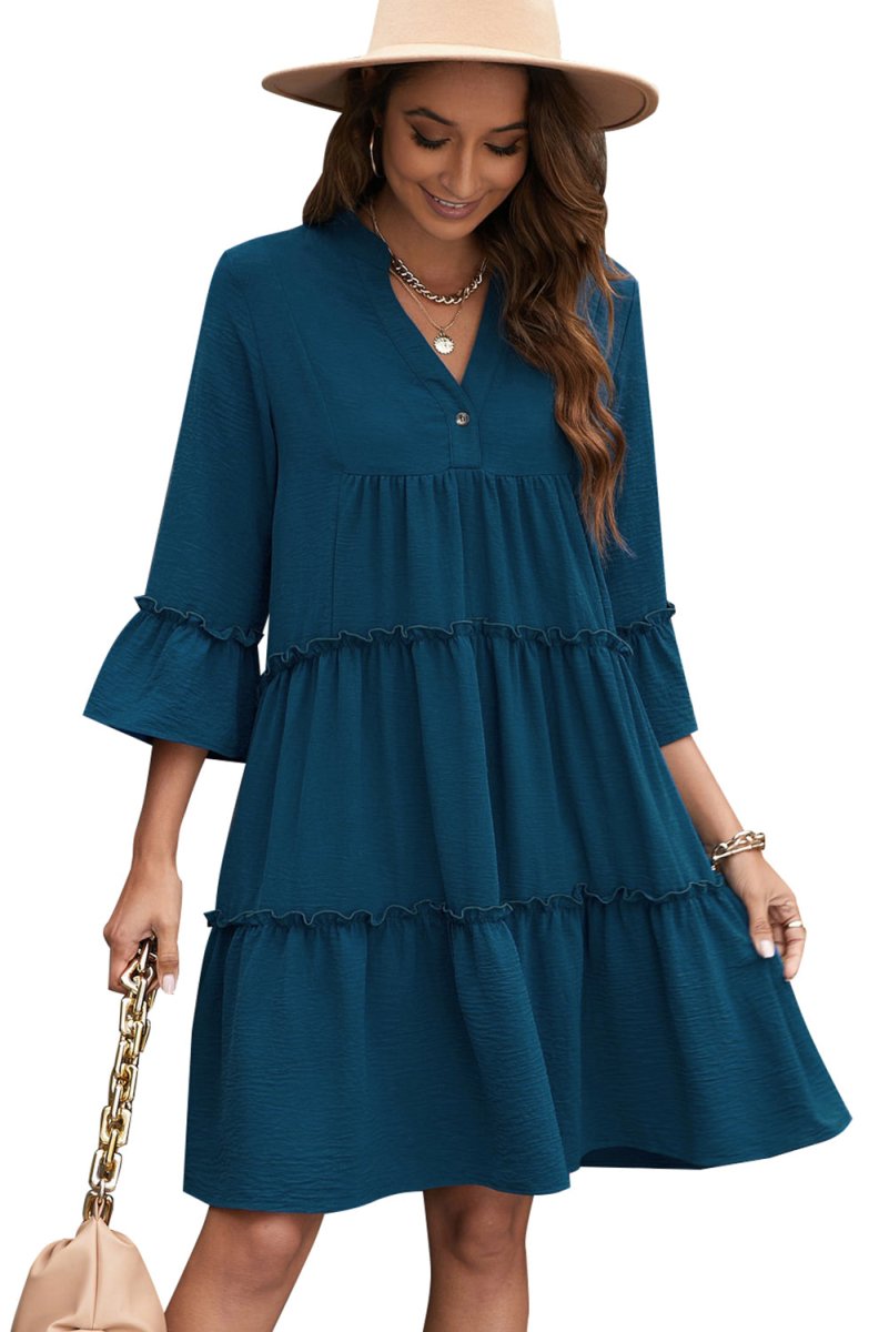 Frill Trim Three-Quarter Flare Sleeve Dress - TapLike