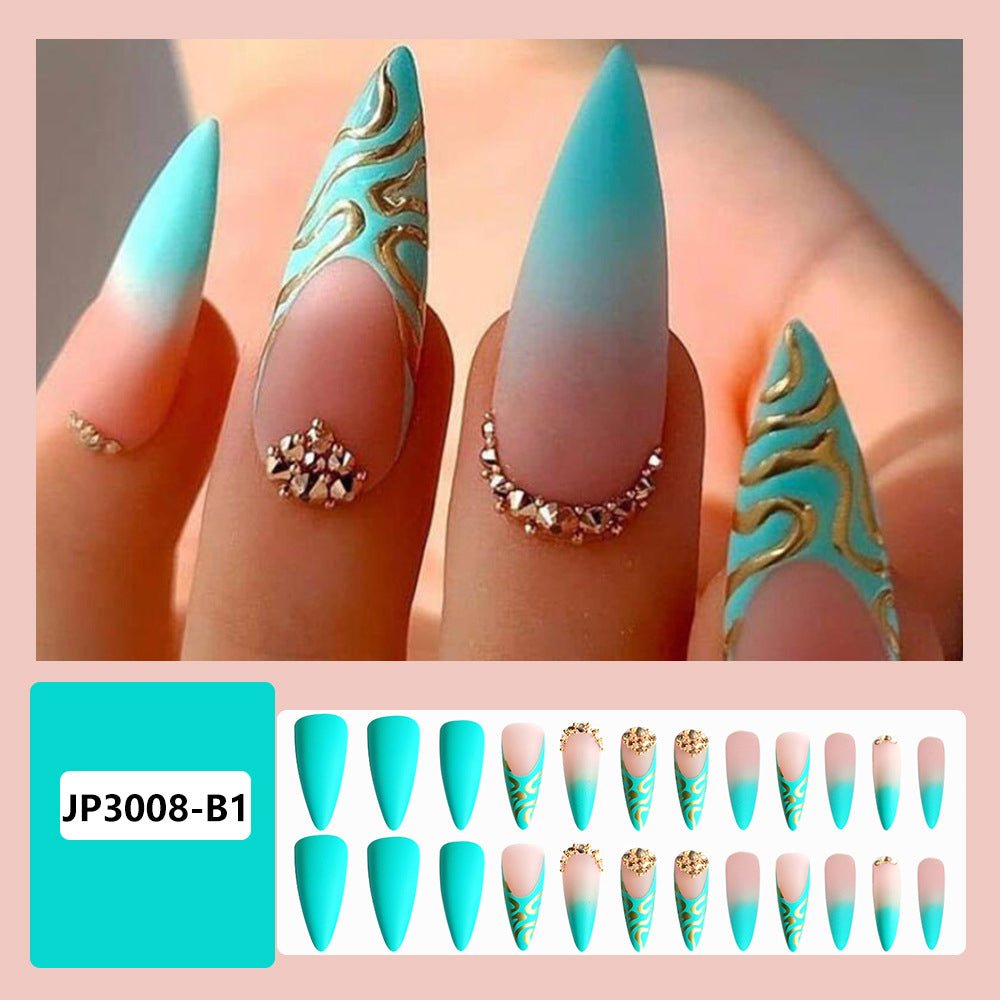 Gradient Light Green Striped Diamond Wear Nails - TapLike