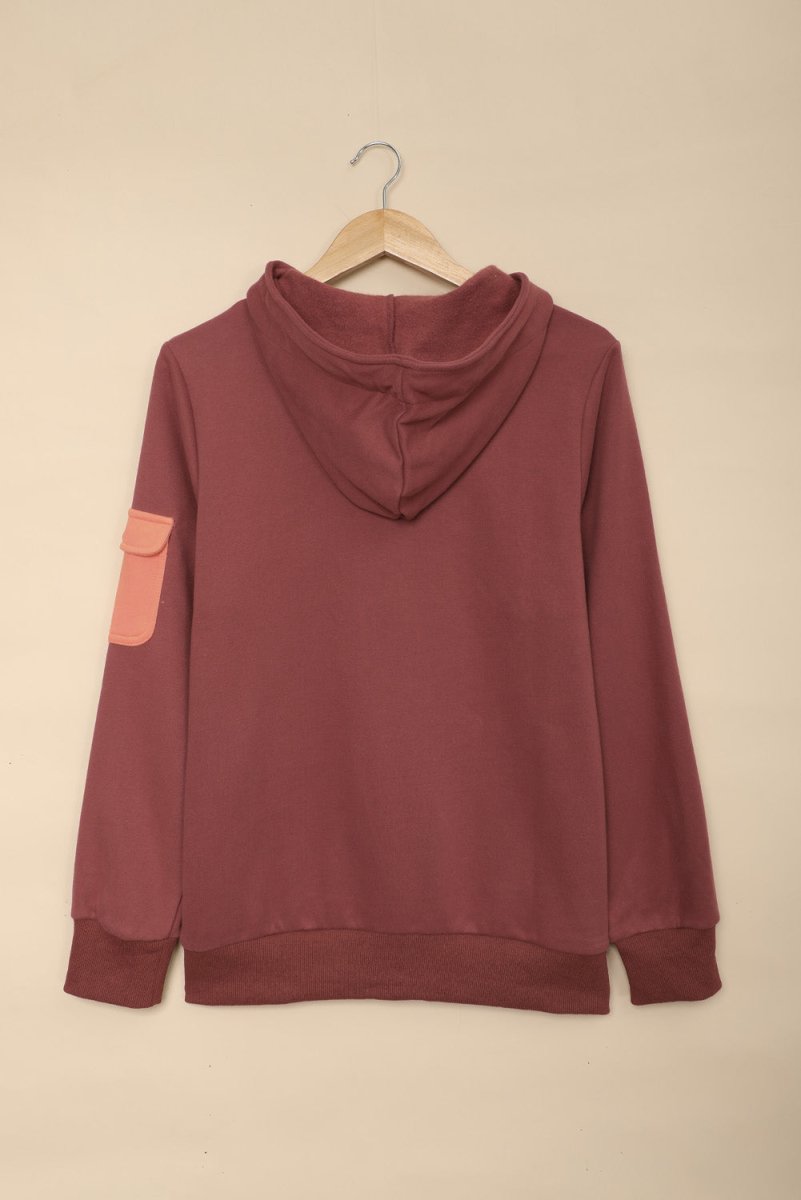 Half Zip Patch Pocket Drawstring Hoodie - TapLike