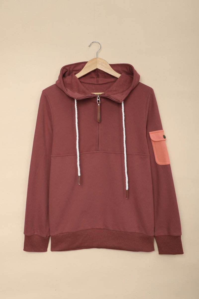 Half Zip Patch Pocket Drawstring Hoodie - TapLike