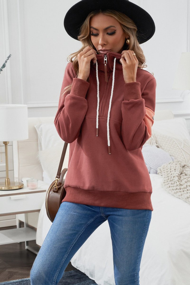 Half Zip Patch Pocket Drawstring Hoodie - TapLike
