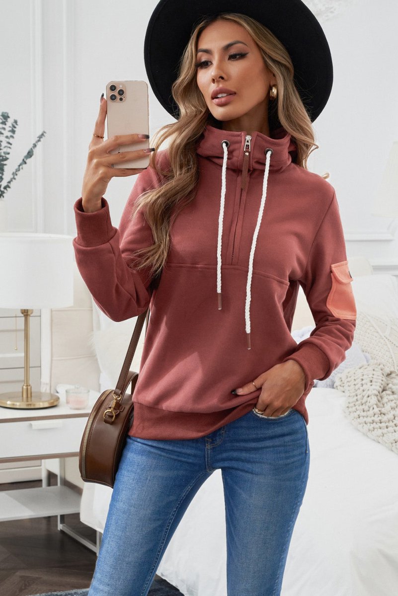 Half Zip Patch Pocket Drawstring Hoodie - TapLike