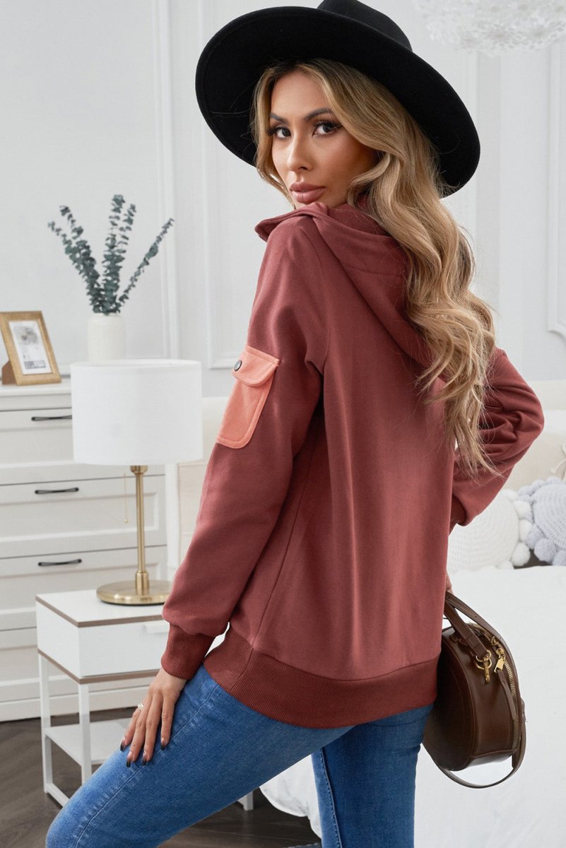 Half Zip Patch Pocket Drawstring Hoodie - TapLike