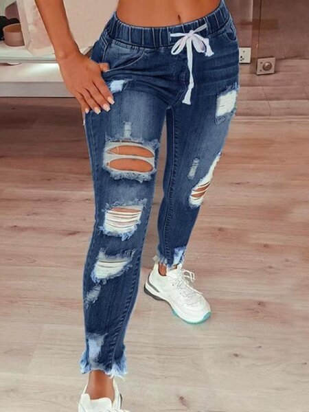 High-waisted ripped drawstring denim jeans. HCZ7XKL8FK - Taplike