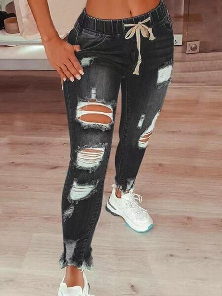 High-waisted ripped drawstring denim jeans. HCZ7XKL8FK - Taplike