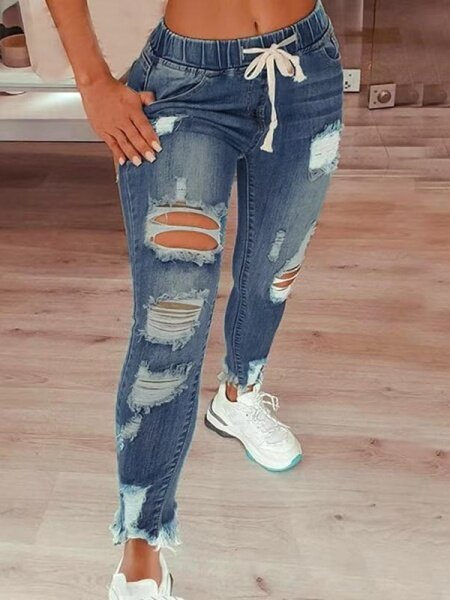 High-waisted ripped drawstring denim jeans. HCZ7XKL8FK - Taplike