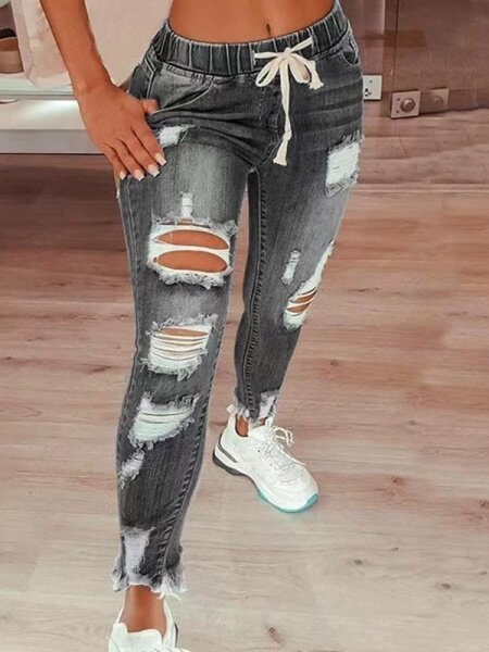 High-waisted ripped drawstring denim jeans. HCZ7XKL8FK - Taplike