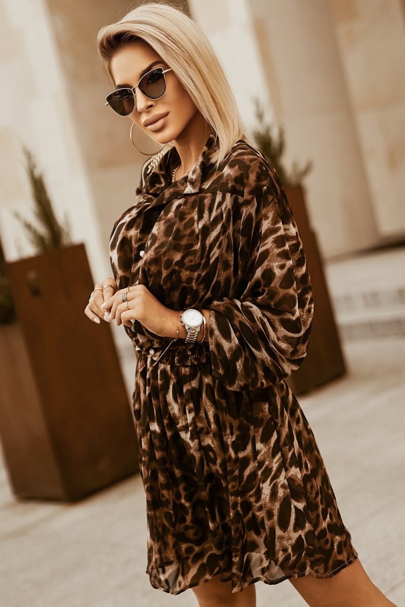 Leopard Buttoned Balloon Sleeve Dress - TapLike
