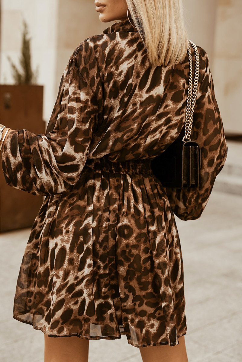 Leopard Buttoned Balloon Sleeve Dress - TapLike