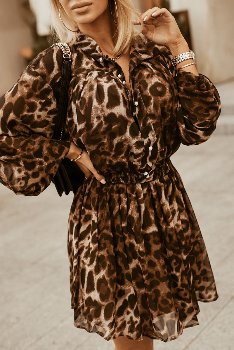 Leopard Buttoned Balloon Sleeve Dress - TapLike