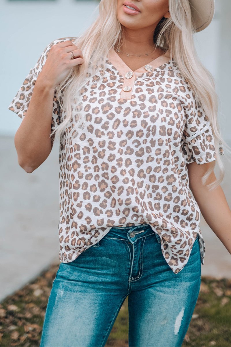 Leopard Buttoned Short Flounce Sleeve T-Shirt 10010183649 - TapLike