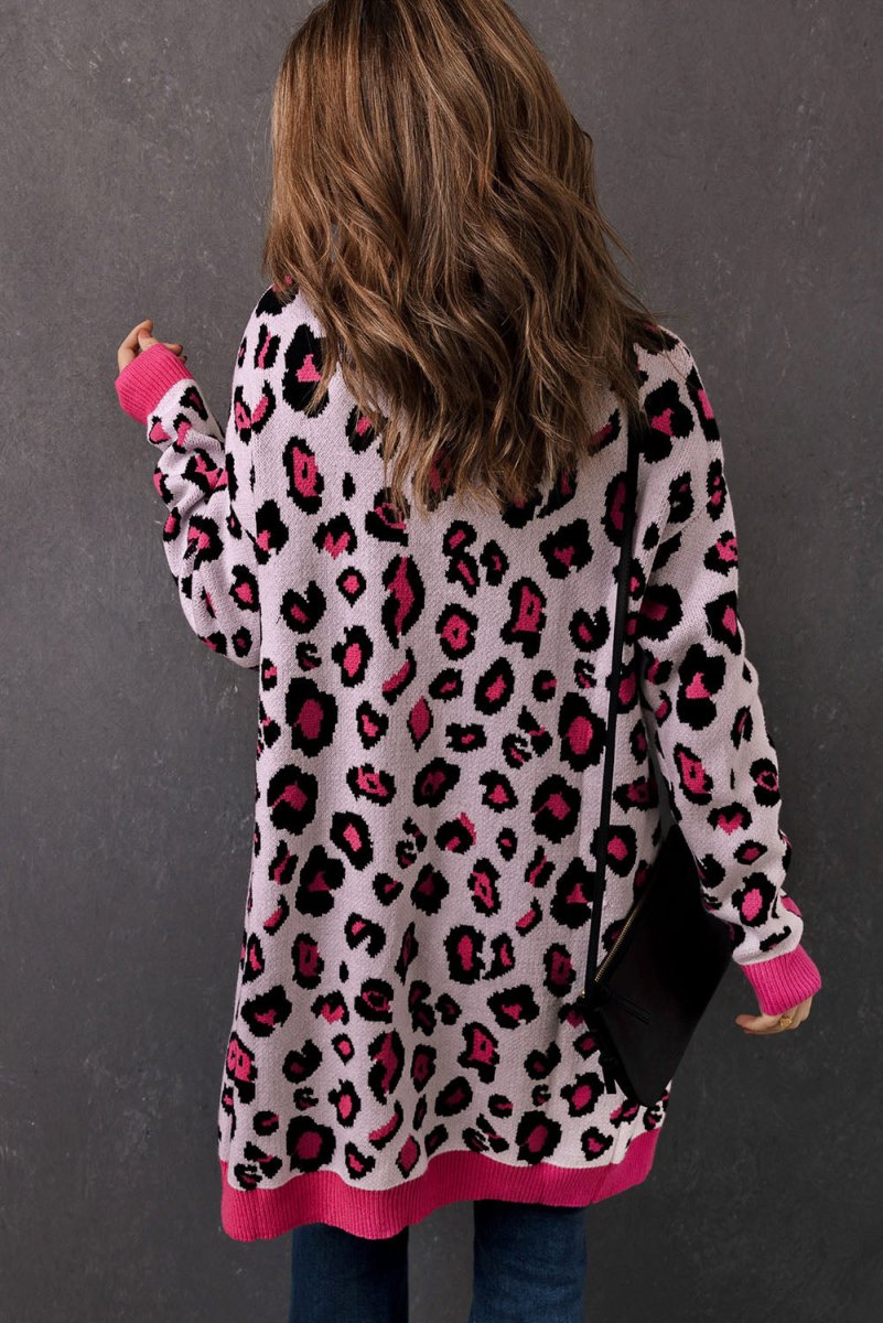 Leopard Contrast Trim Open Front Longline Cardigan - TapLike
